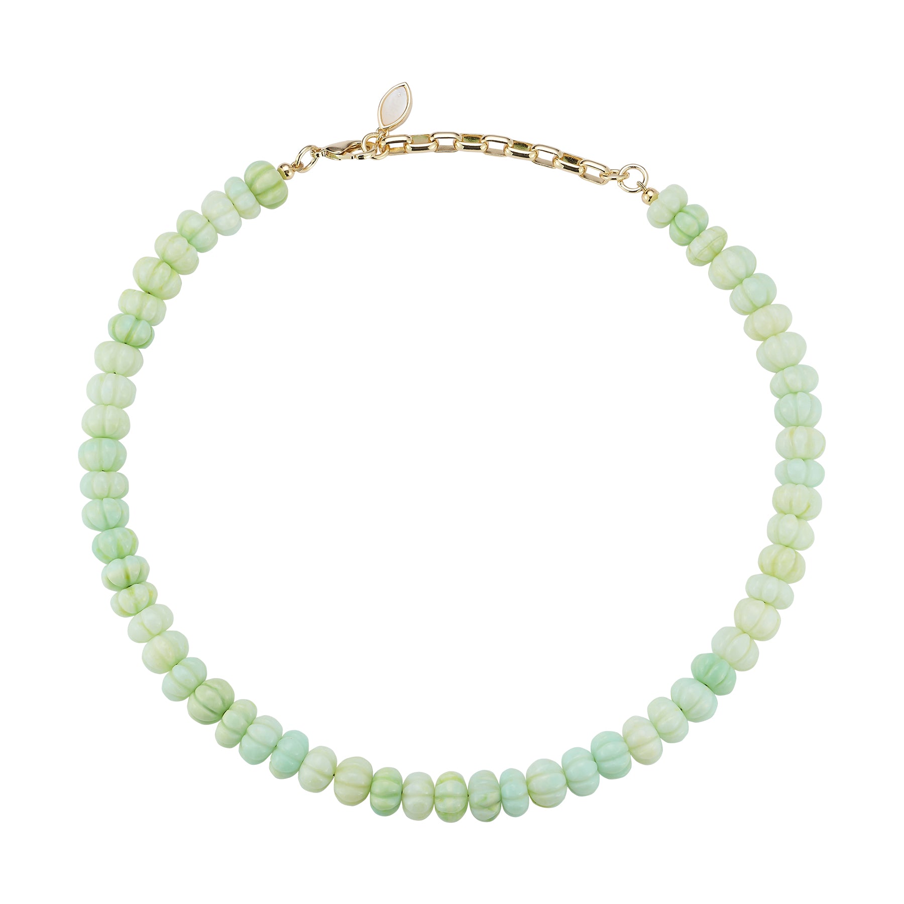 Green Beaded Strand Necklace on Flat White Background