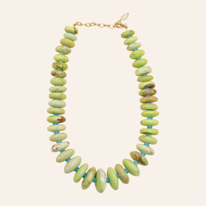 Green and Turquoise Beaded Strand Necklace on Tan Background
