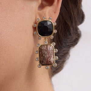 Black Crystal and Brown Stone Drop Earrings On Model