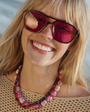 Pink and Purple Beaded Strand Necklace Styled on Model