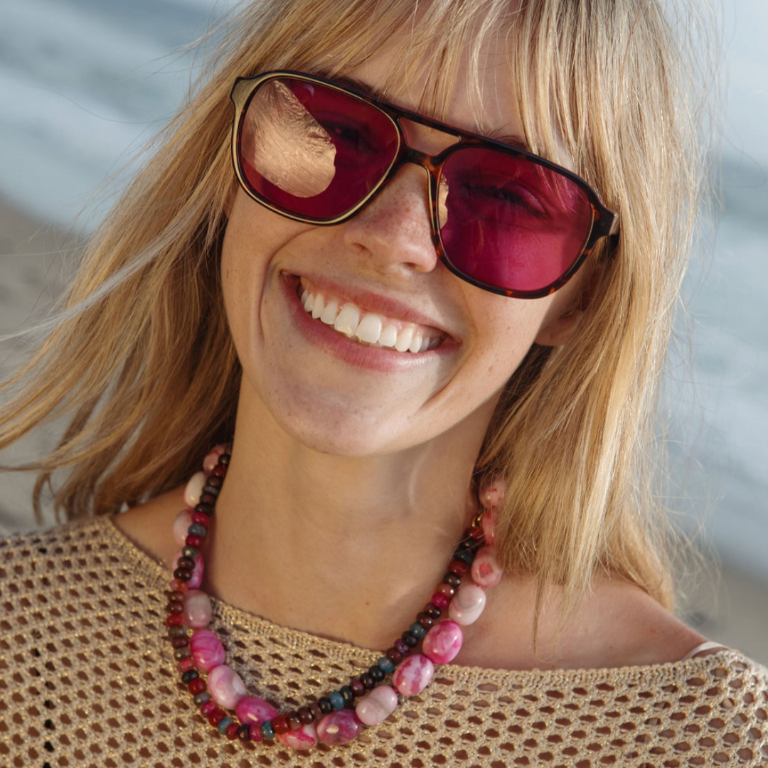 Pink and Purple Beaded Strand Necklace Styled on Model