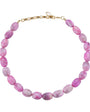Pink and Purple Beaded Strand Necklace on Flat White Background