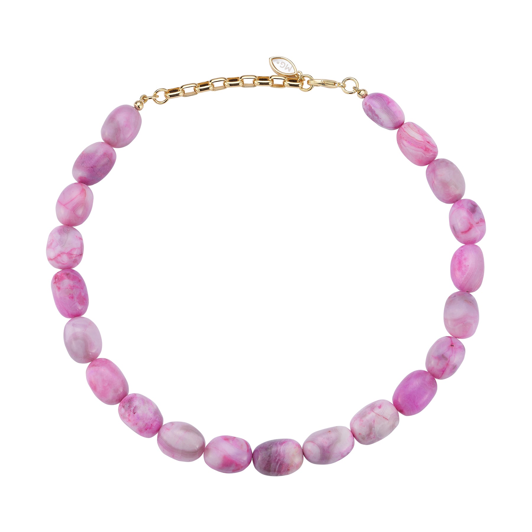 Pink and Purple Beaded Strand Necklace on Flat White Background