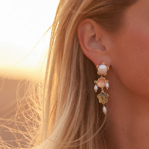 Gold Pearl and Semi-Precious Stone Drop Earrings on Maggie with Sunset in Background