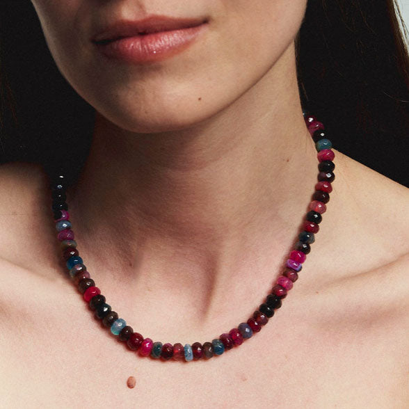 Pink and Purple Beaded Strand Necklace Styled on Model