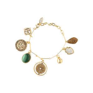 Stone, Gold, and Pearl Charm Bracelet on Flat White Background