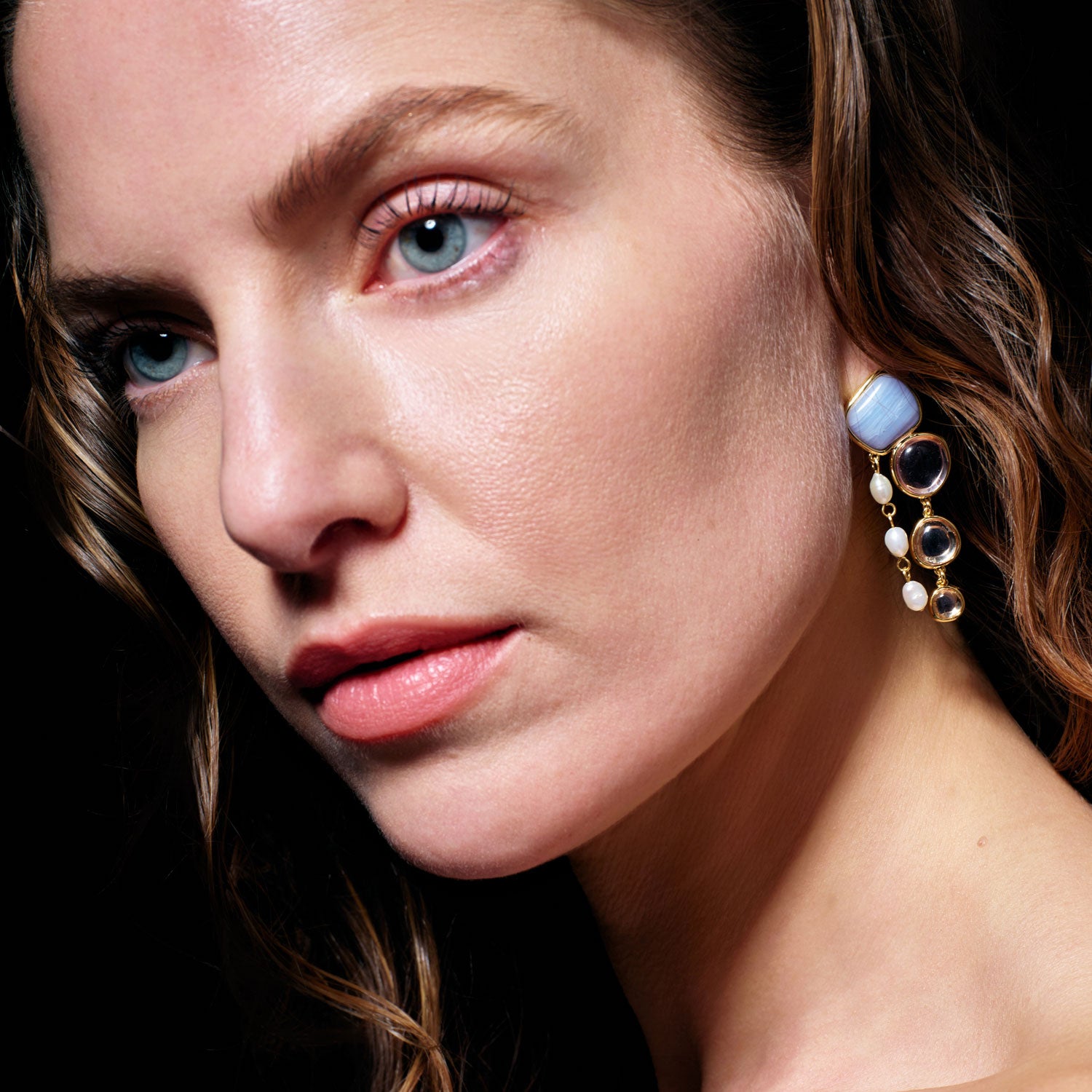 Stone, Crystal, and Freshwater Pearl Drop Earrings Styled on Model