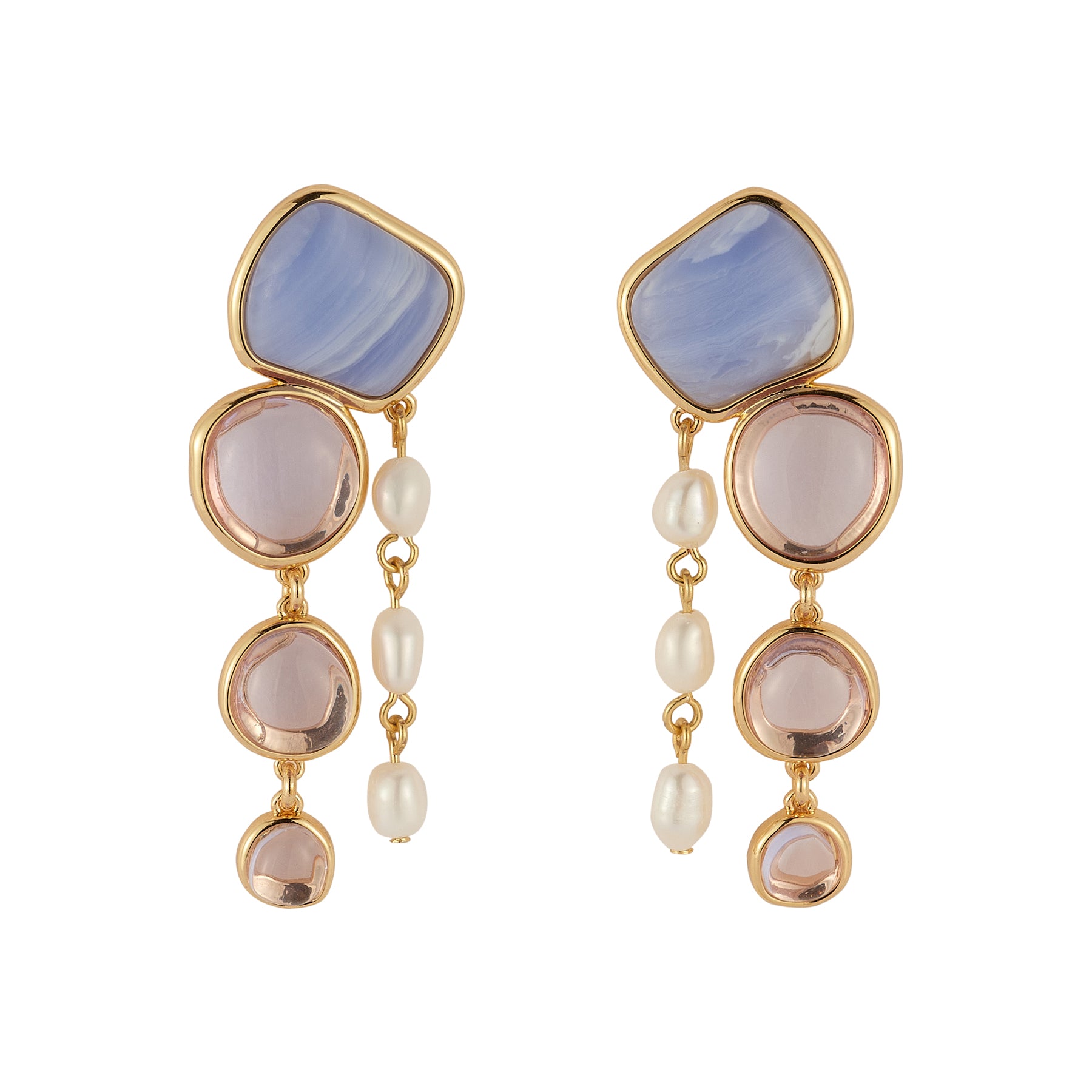 Stone, Crystal, and Freshwater Pearl Drop Earrings on Flat White Background