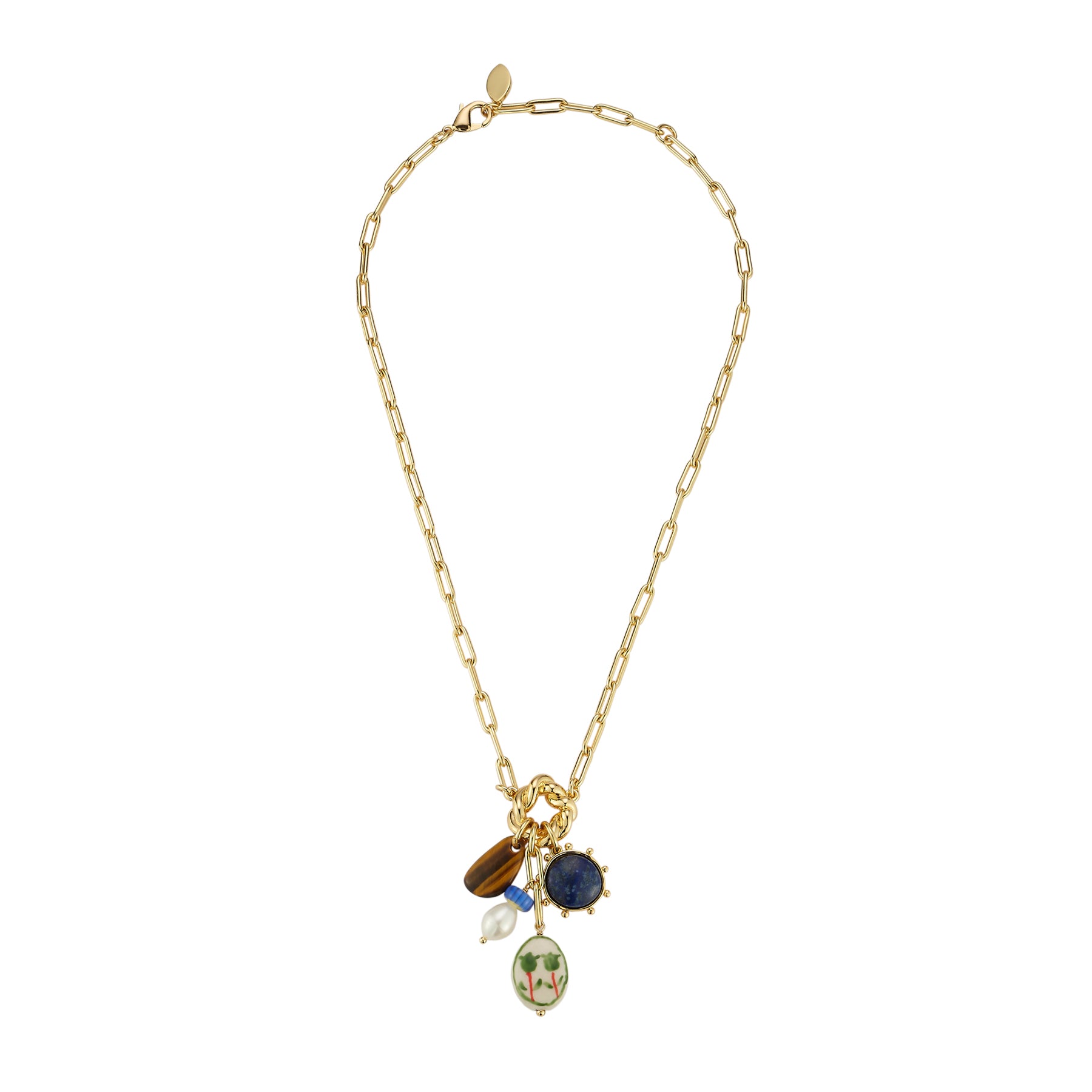 Gold Chain Necklace with Various Charms on Flat White Background