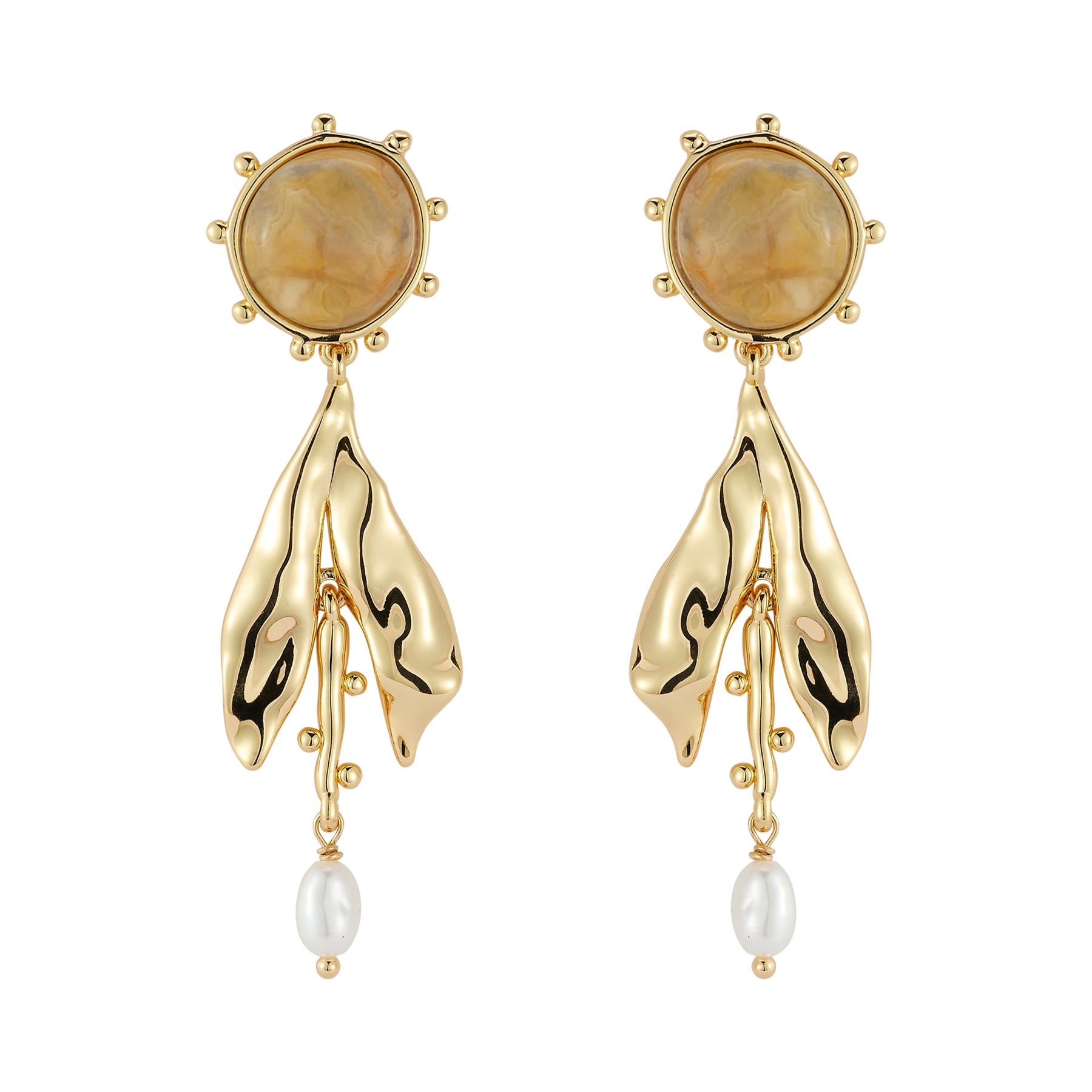 Gold earrings with stone and pearl accents on a white background