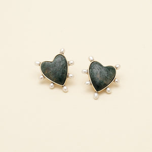 Stone and Pearl Heart Stud Earrings on Cream Background