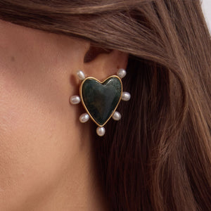 Stone and Pearl Heart Stud Earrings on Model