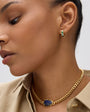 Pearl, Green, and Blue Stone Gold Hoop Earrings Styled on Model