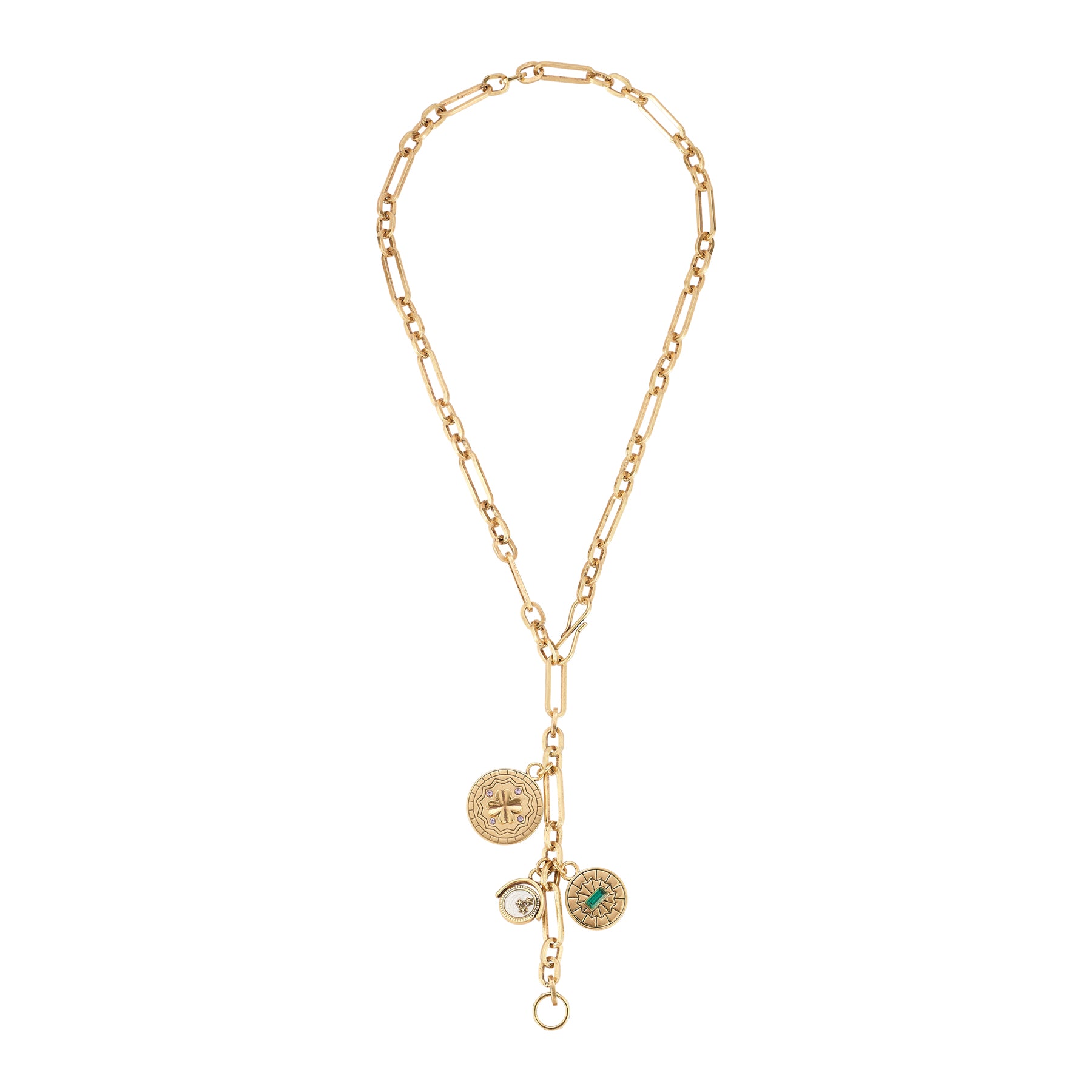 Gold necklace with charms on a white background