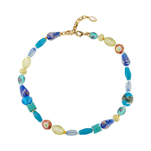 Blue Multi Beaded Strand Necklace on Flat White Background