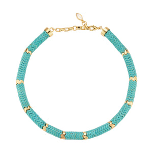 Turquoise and Gold Beaded Strand on Flat White Background