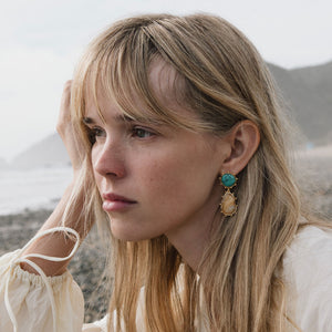 Turquoise and Tan Stone Double Drop Earrings Styled on Model