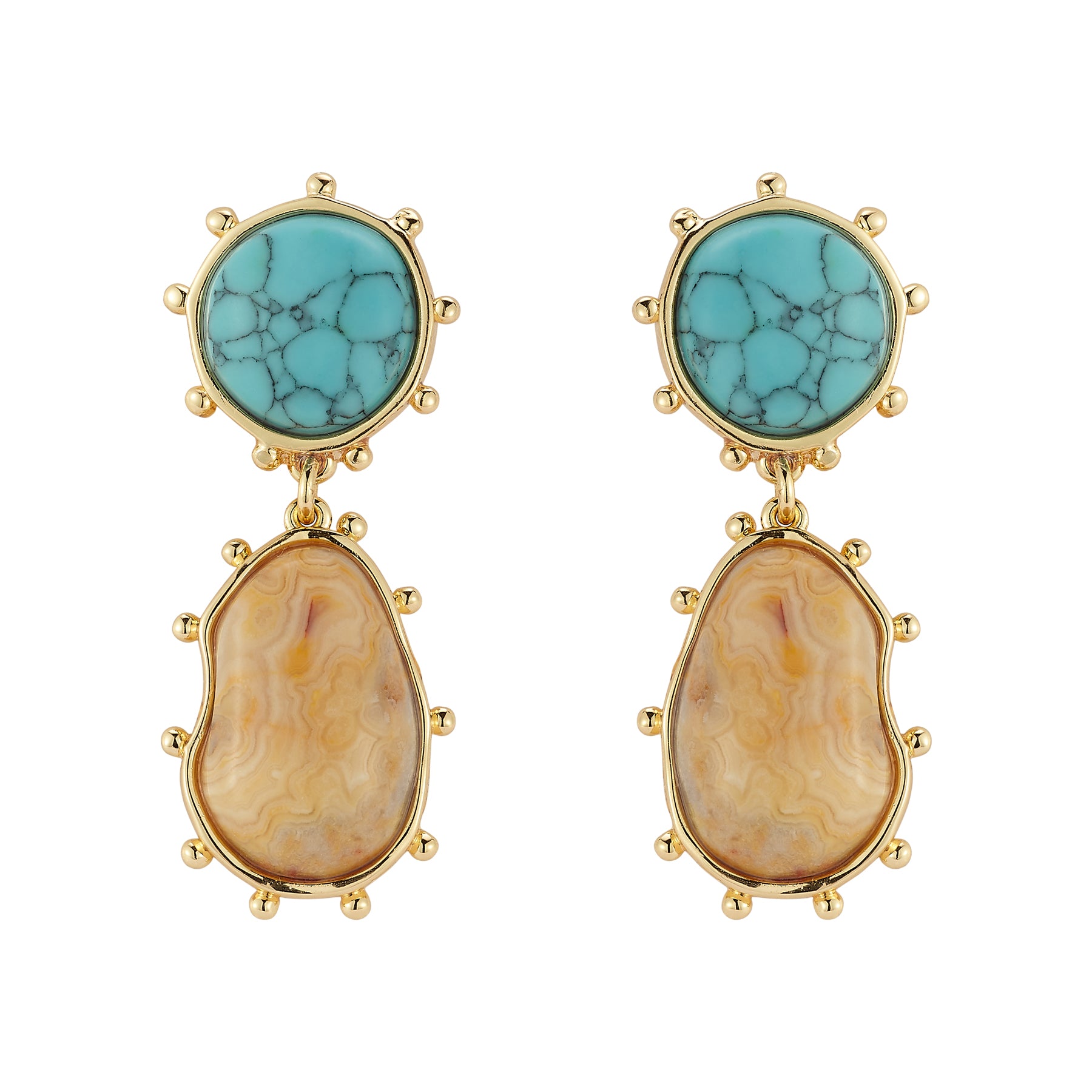 Turquoise and Tan Stone Double Drop Earrings on Flat White Background
