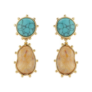 Turquoise and Tan Stone Double Drop Earrings on Flat White Background