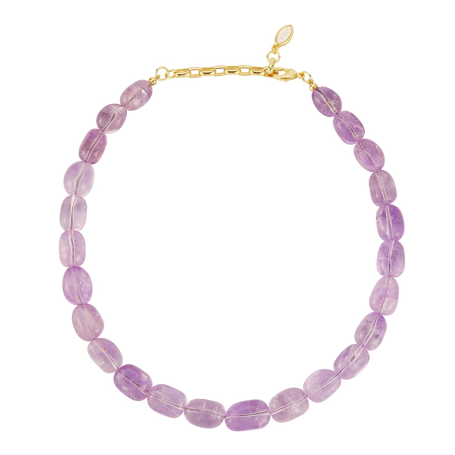 A beaded necklace made of oval-cut light purple amethyst beads, completed with a gold-tone lobster clasp and extender chain, shown on a plain white background.