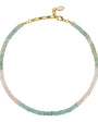 A delicate beaded necklace with alternating segments of light blue-green and pale pink translucent beads, finished with a gold-tone chain and lobster clasp.