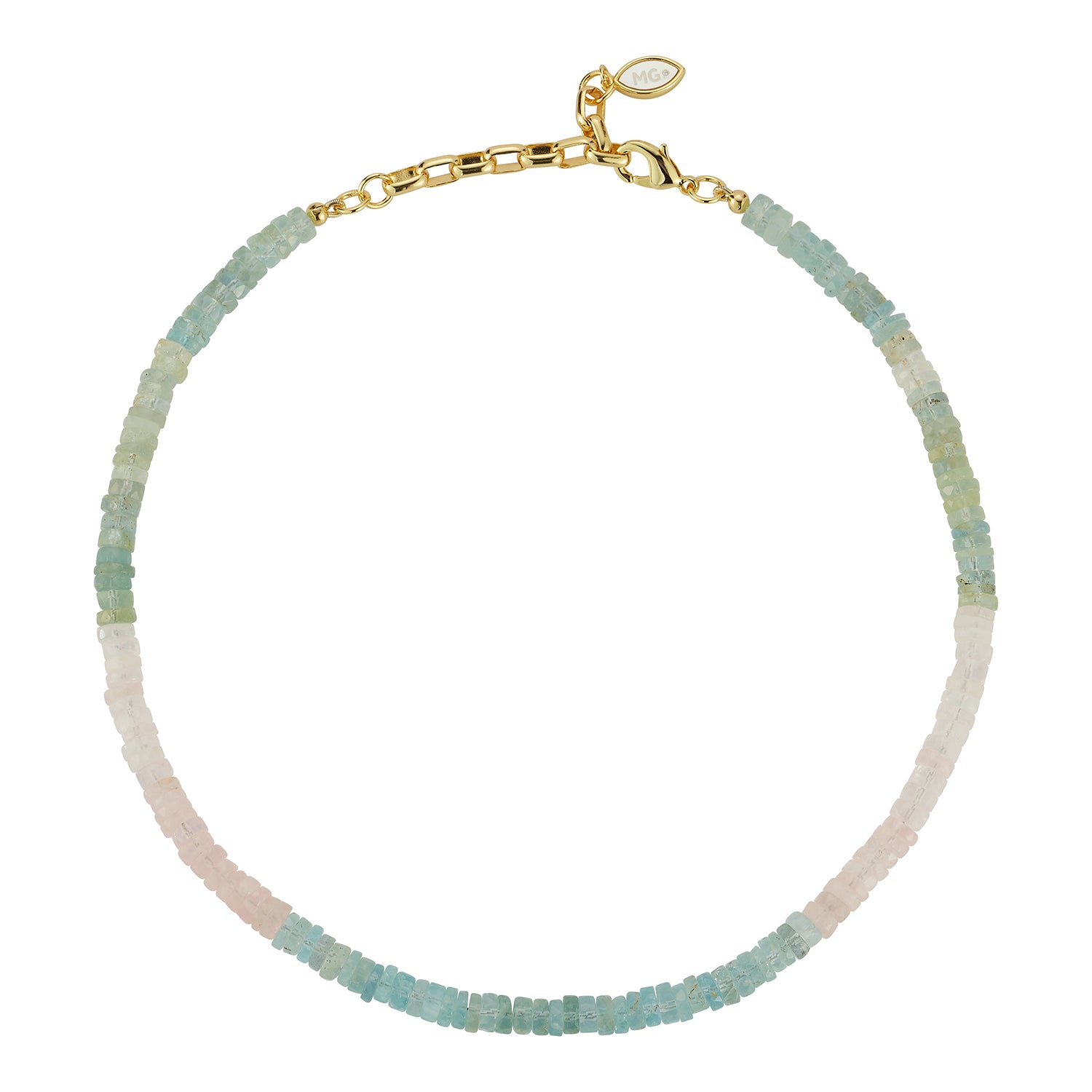 A delicate beaded necklace with alternating segments of light blue-green and pale pink translucent beads, finished with a gold-tone chain and lobster clasp.