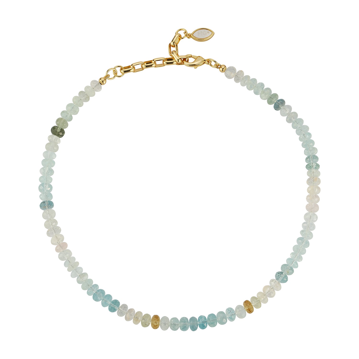 A beaded necklace made of small round beads that transition from light blue-green to pale green, white, and a few gold-toned beads, finished with a gold clasp and a small oval pendant, shown on a plain white background.