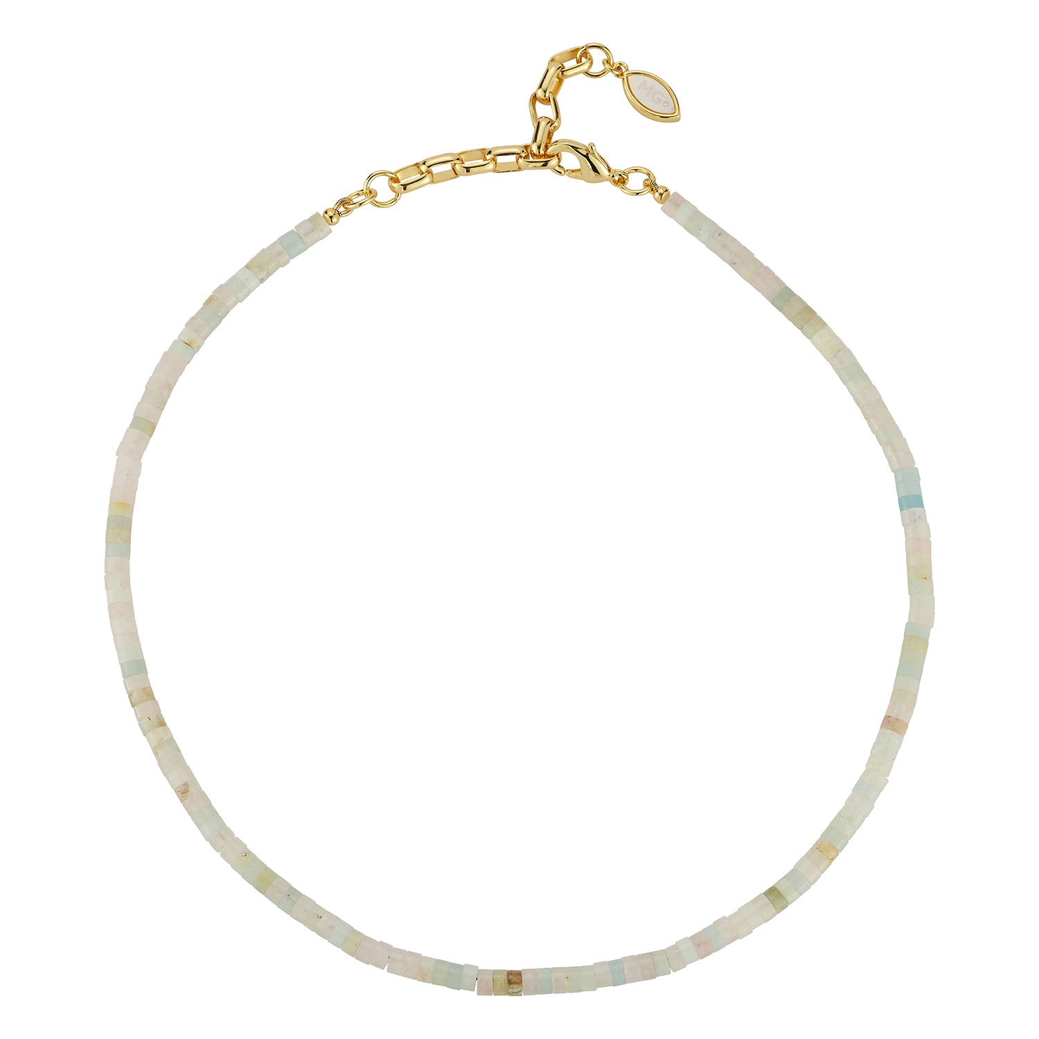 A delicate beaded necklace with small iridescent beads in pale blue, green, and cream tones, accented by a gold-tone chain and lobster clasp with a small teardrop charm.