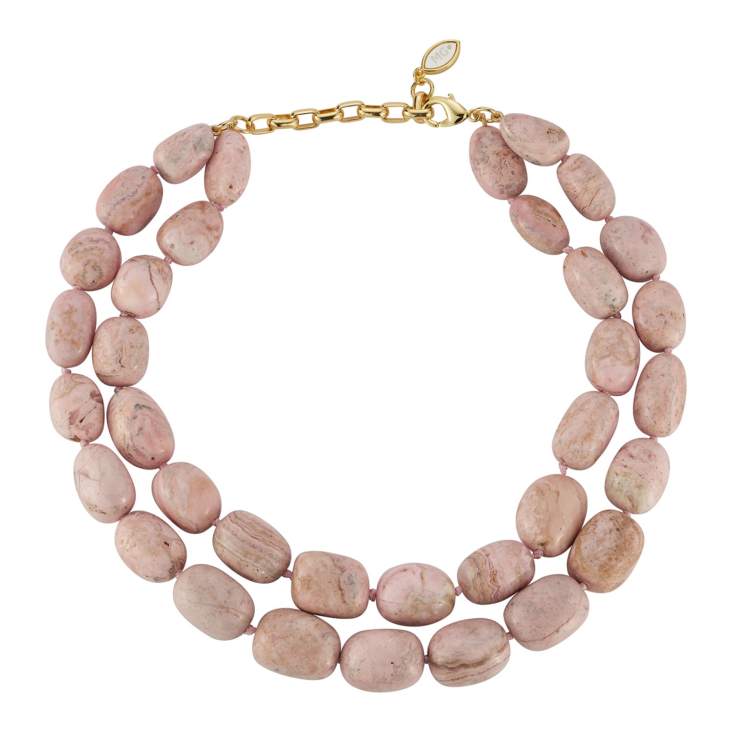 A double-strand necklace featuring irregular, polished pinkish-beige stone beads with natural marbled textures, secured by a gold-tone chain and lobster clasp with a small white inlay accent.