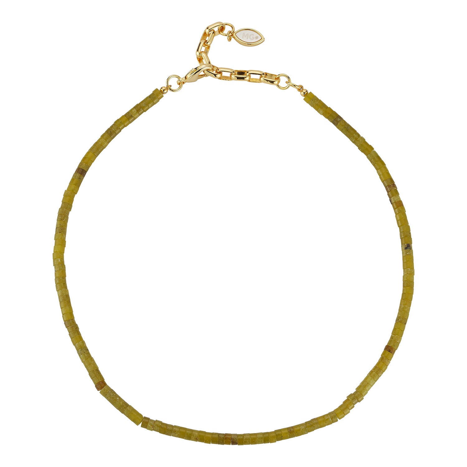 A delicate beaded necklace with olive green cylindrical beads and a gold-tone clasp, displayed on a clean white background.