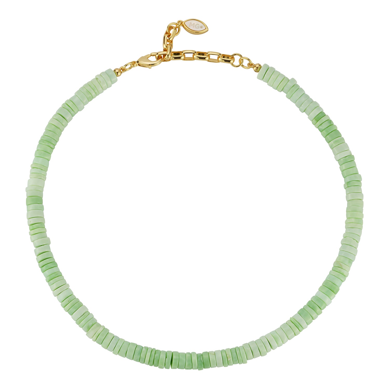 A delicate beaded necklace made of small, flat, light green disc-like beads, finished with a gold-tone clasp and extender chain.
