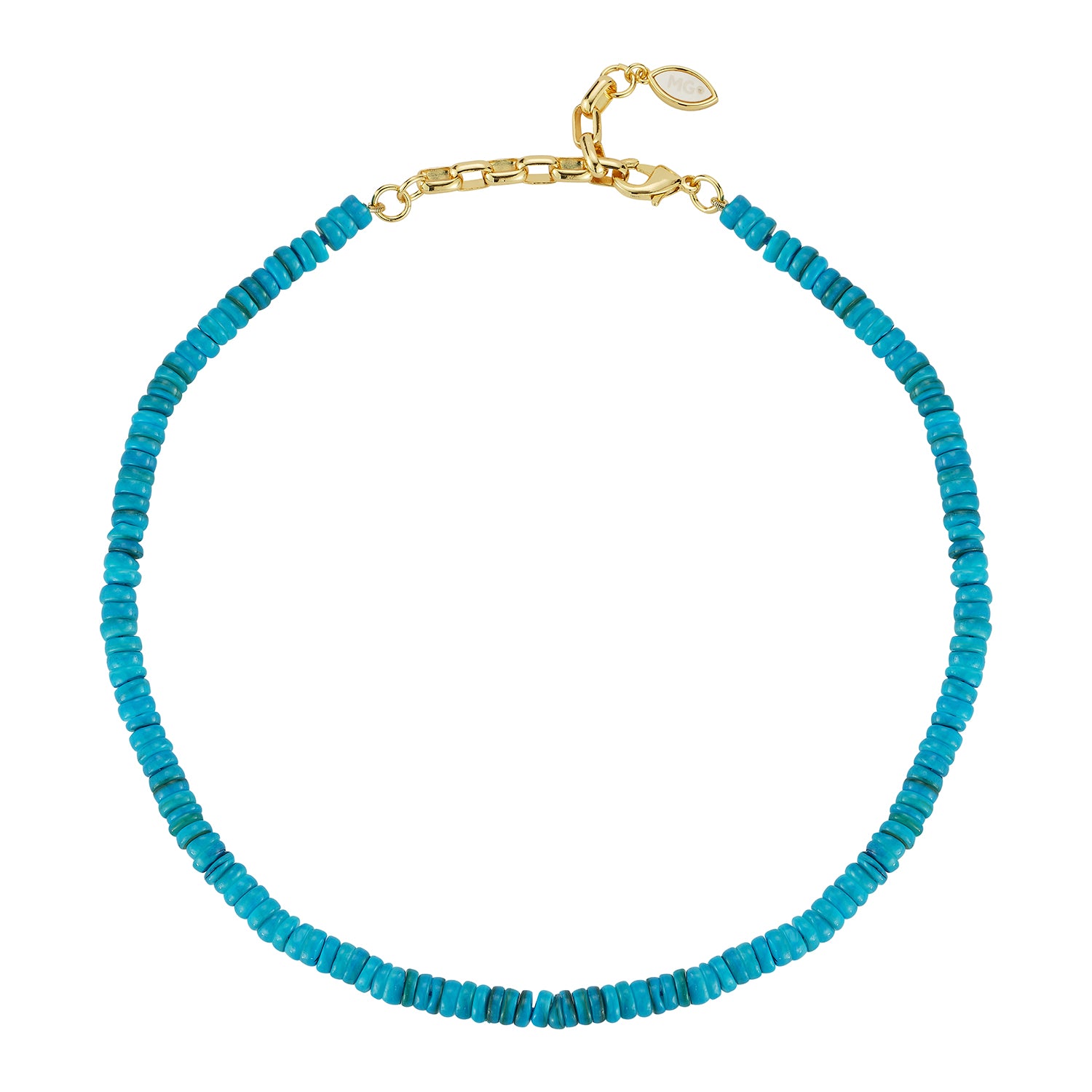A turquoise beaded necklace with a gold clasp and a small white oval tag, displayed on a clean white background.
