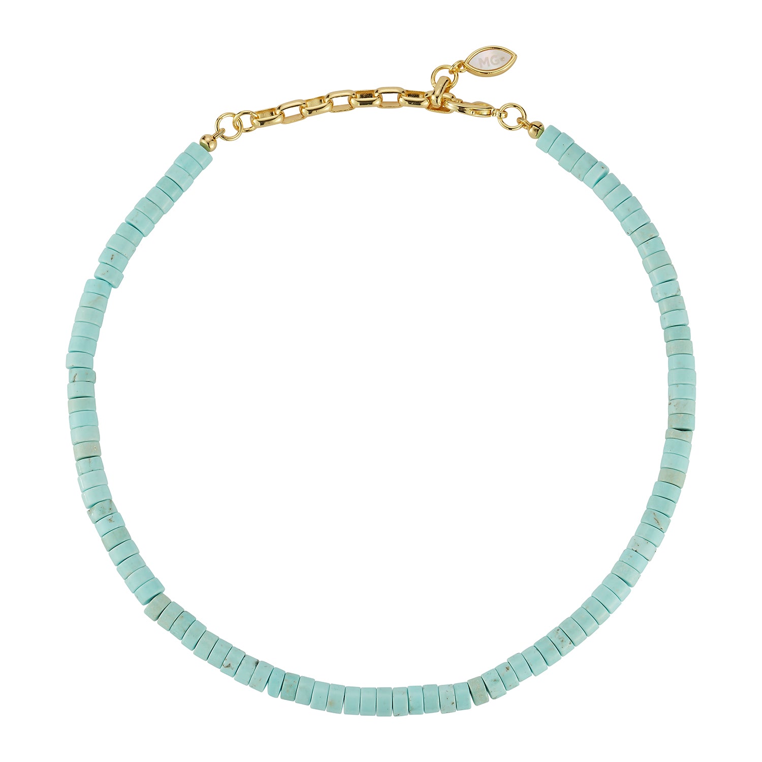 A beaded necklace made of small, flat, light turquoise-blue rectangular beads arranged in a circle, featuring a gold-tone chain extender with a teardrop-shaped white stone clasp, shown on a plain white background.