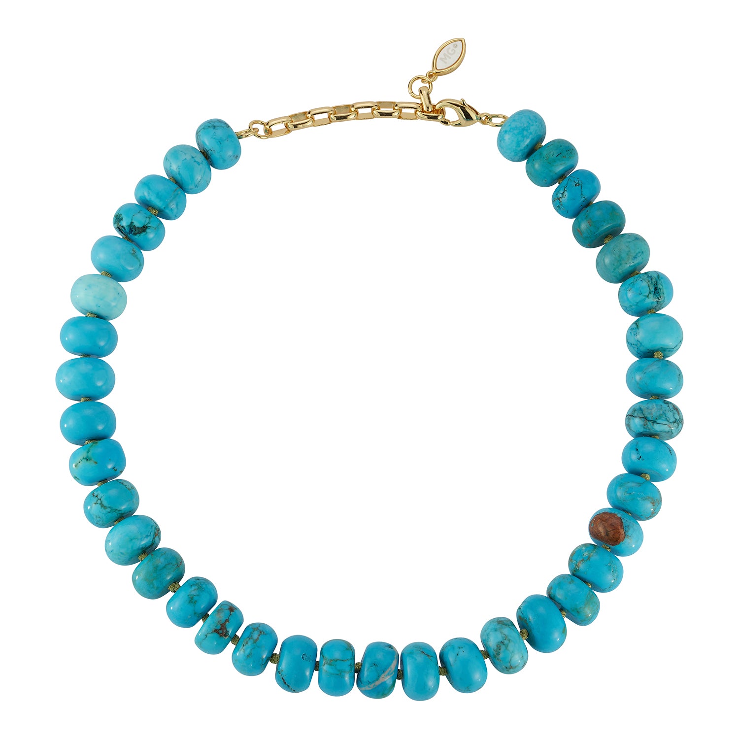 A beaded necklace made of turquoise-blue round beads with a gold-tone chain clasp, shown on a plain white background.