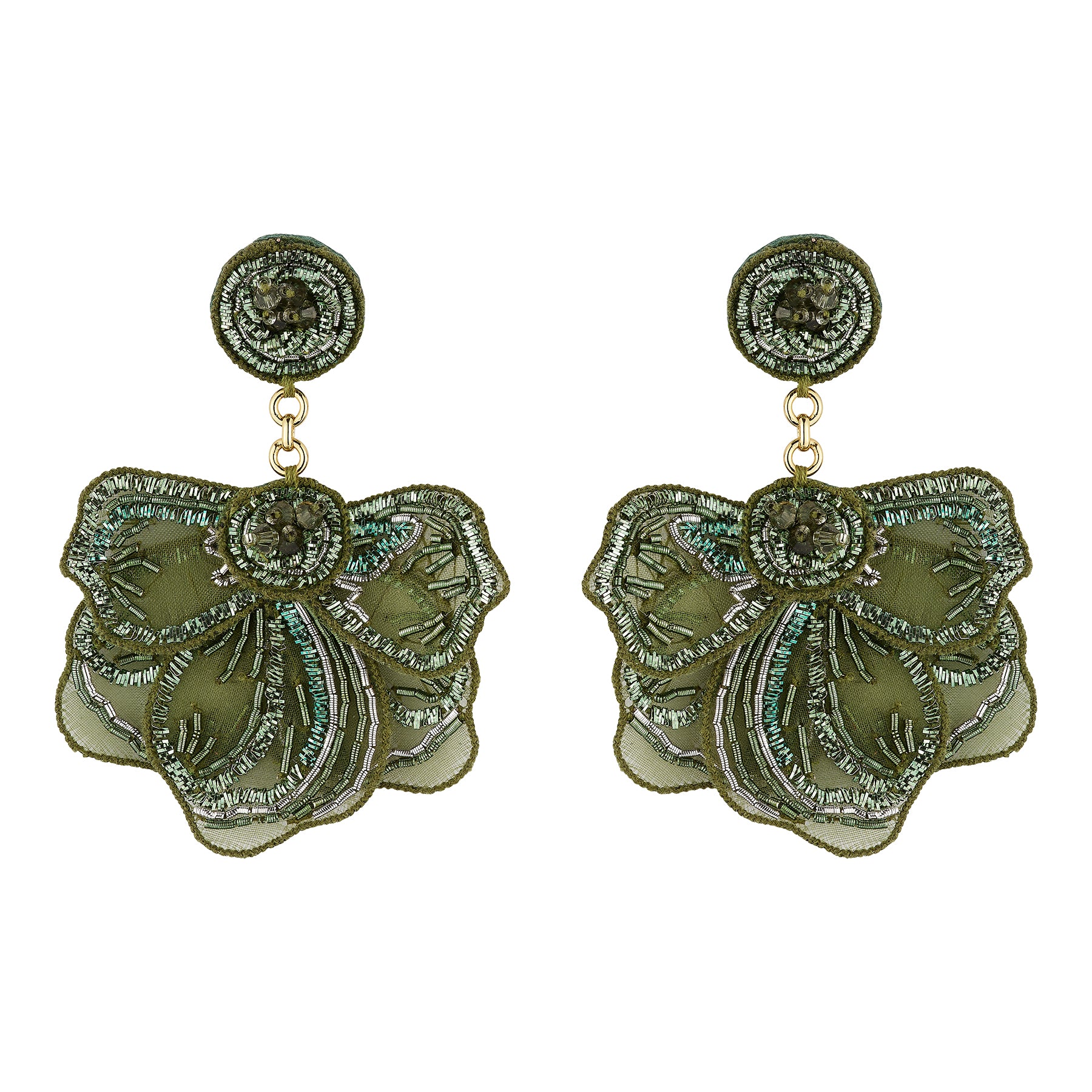 Green embroidered and beaded statement earrings against a white background