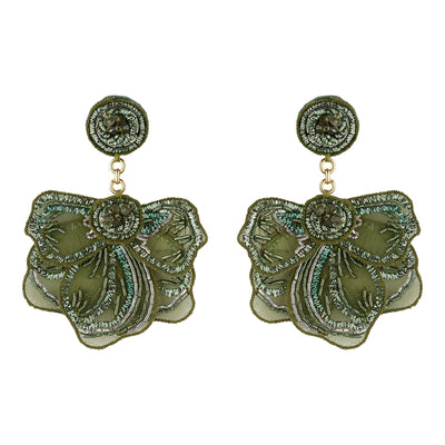 Green embroidered and beaded statement earrings against a white background