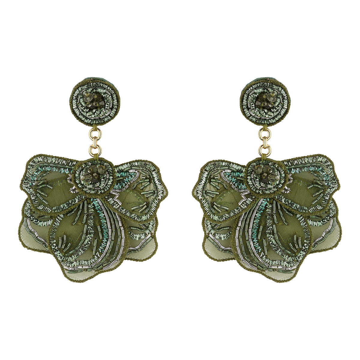 Green embroidered and beaded statement earrings against a white background