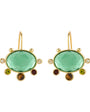 A pair of gold leverback earrings featuring large oval green gemstones, accented with small round clear stones and smaller green, brown, and burgundy stones, set against a plain white background.
