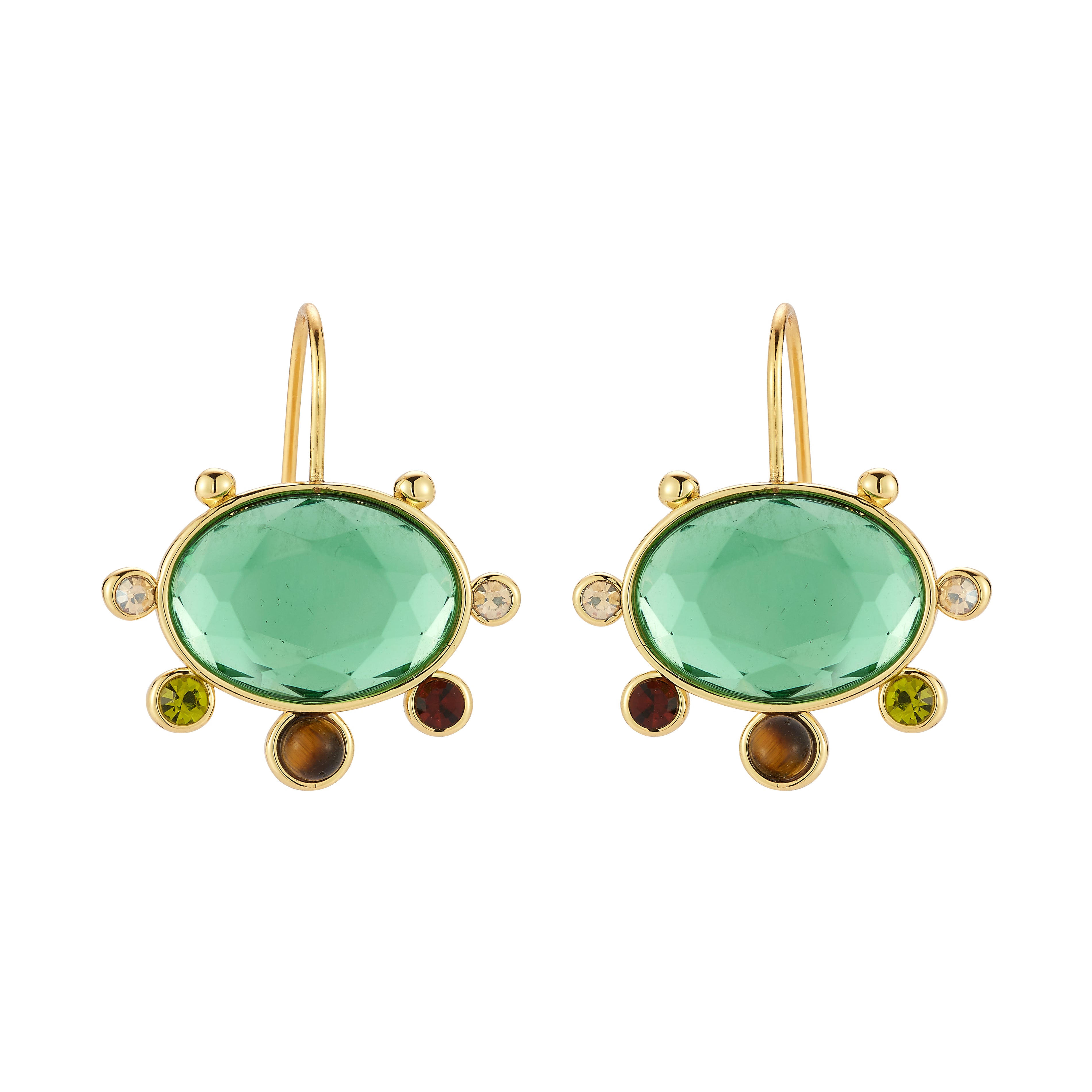 A pair of gold leverback earrings featuring large oval green gemstones, accented with small round clear stones and smaller green, brown, and burgundy stones, set against a plain white background.