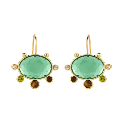 A pair of gold leverback earrings featuring large oval green gemstones, accented with small round clear stones and smaller green, brown, and burgundy stones, set against a plain white background.
