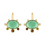 A pair of gold leverback earrings featuring large oval green gemstones, accented with small round clear stones and smaller green, brown, and burgundy stones, set against a plain white background.