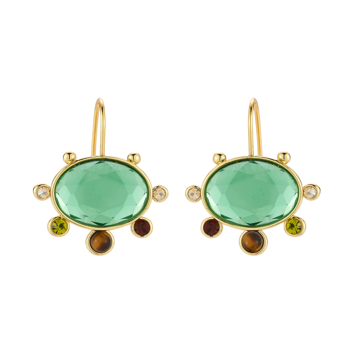 A pair of gold leverback earrings featuring large oval green gemstones, accented with small round clear stones and smaller green, brown, and burgundy stones, set against a plain white background.