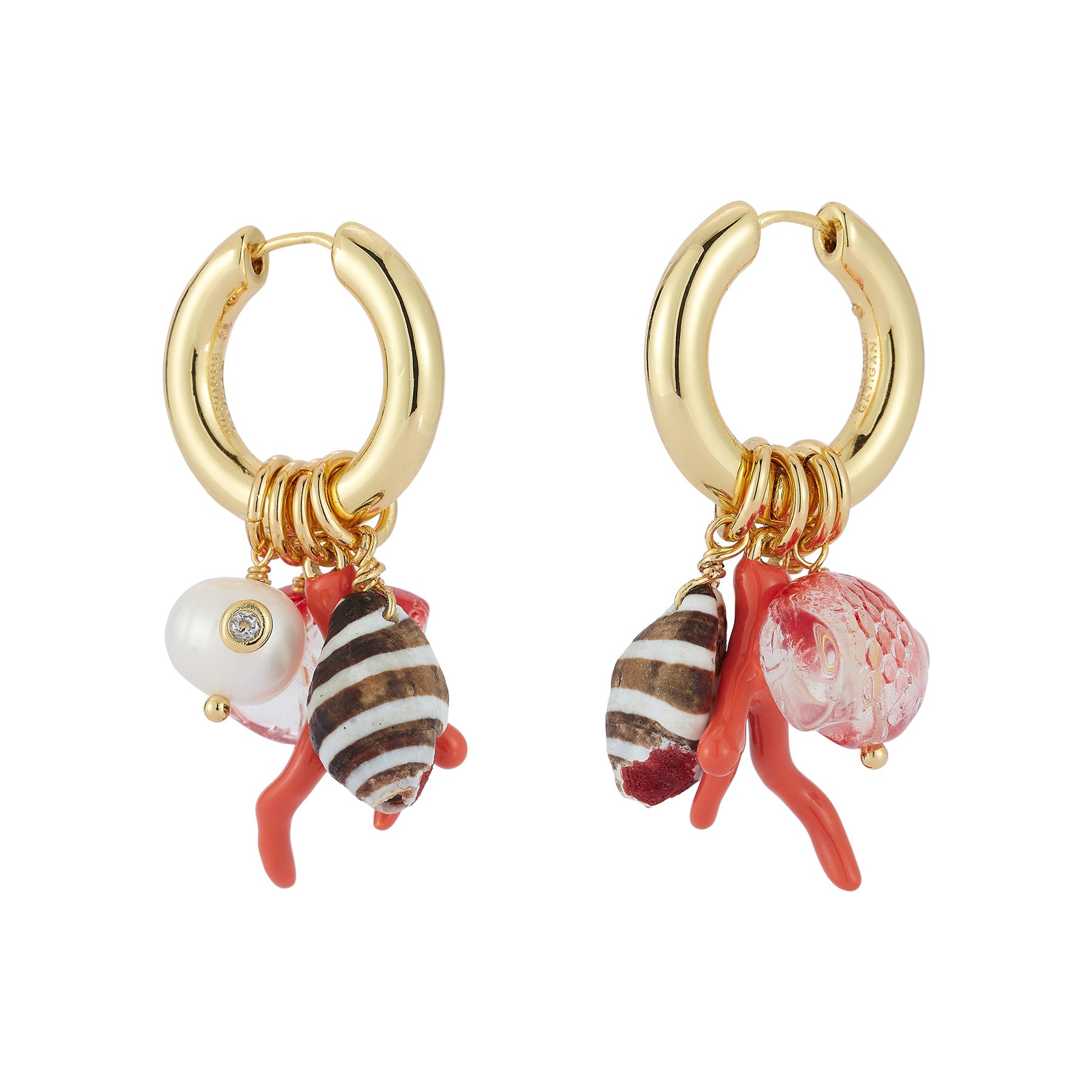 Coral, Shell, and Fish Charm Gold Hoop Earrings on Flat White Background
