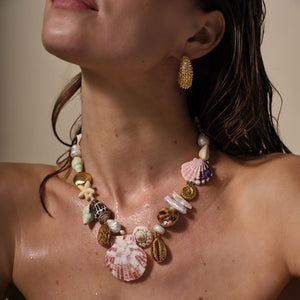 Shell, Pearl, and Bead Collar Necklace Styled on Model