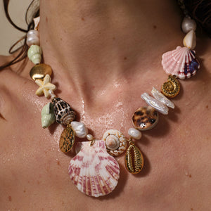 Shell, Pearl, and Bead Collar Necklace Styled on Model