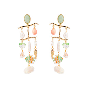 Mint, Coral, Gold, and White Beaded Drop Earrings on White Background