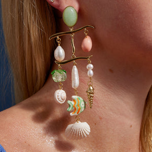 Mint, Coral, Gold, and White Beaded Drop Earrings Styled on Model's Ear