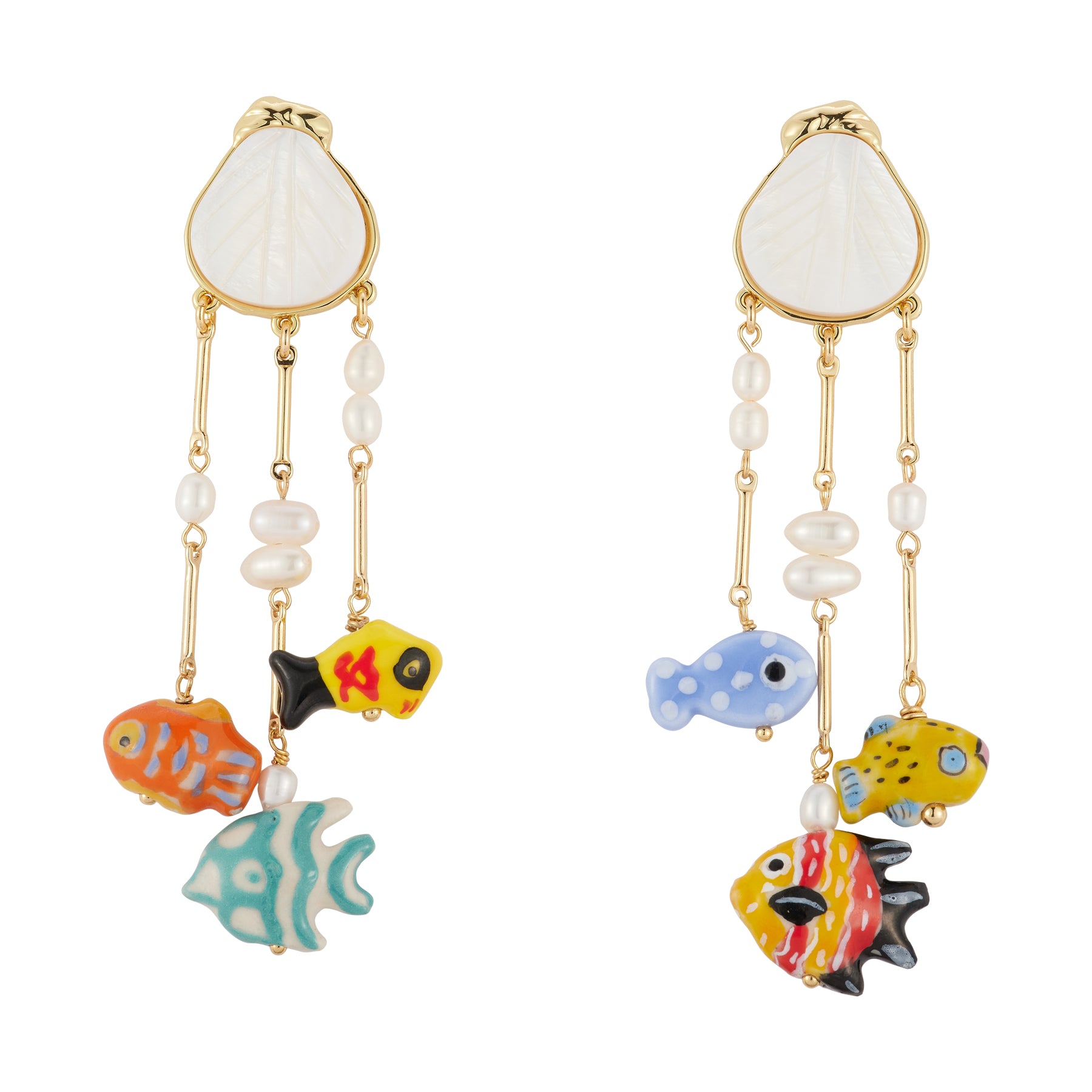 Shell, Pearl, and Multi Colored Fish Charm Drop Earrings on Flat White Background