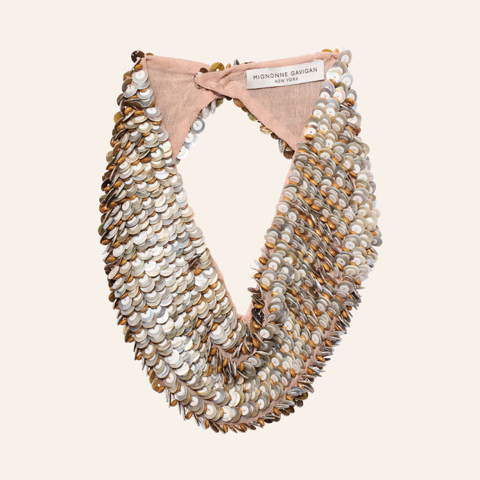 Brown and Silver Shell and Bead Embroidered Scarf Necklace on Tan Background