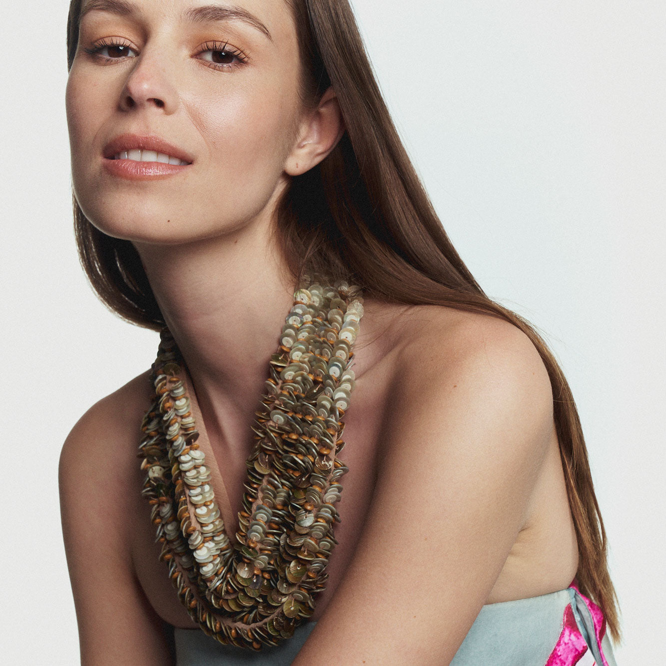Brown and Silver Shell and Bead Embroidered Scarf Necklace Styled on Model